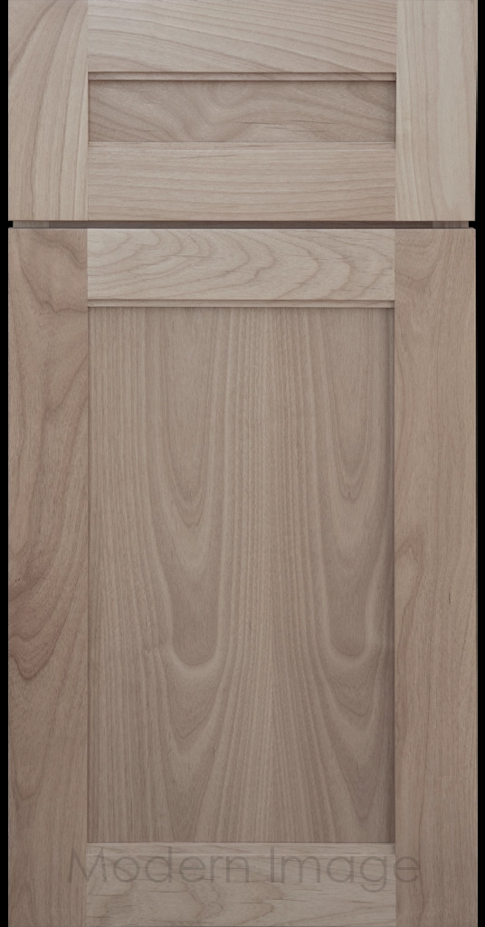 Destin shaker cabinet in Ghost matte Stain featuring ledge detail and vertical joints around a recessed center panel.